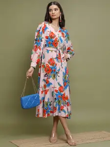 Vishudh Pink Floral Printed Puff Sleeves Fit & Flare Midi Dress