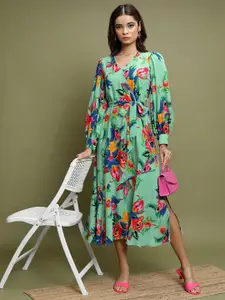 Vishudh Sea Floral Printed Puff Sleeves Fit & Flare Midi Dress