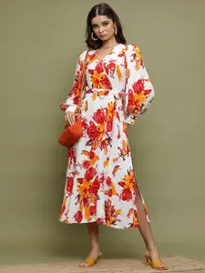 Vishudh White Floral Printed Cuffed Sleeves Tie-Up A-Line Midi Dress