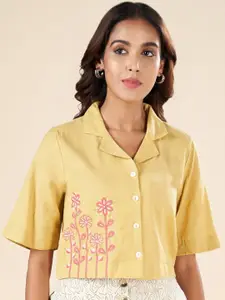 AKKRITI BY PANTALOONS Floral Embroidered Flared Sleeves Cotton Shirt Style Top