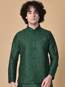 MAAHI FABS Mandarin Collar Straight Kurta With Churidar & Nehru Jacket