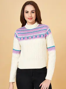 People Off White & Lavender Ethnic Motifs Printed Turtle Neck Pullover