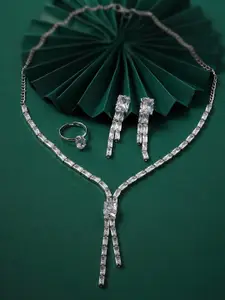 AMI Silver-Plated Cubic Zirconia-Studded Jewellery Set With Ring