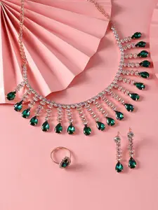 AMI Rose Gold-Plated Cubic Zirconia-Studded Jewellery Set With Finger Ring