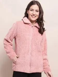 Kanvin Pink Mock Collar Long Sleeves Fur Front-Open Sweatshirt
