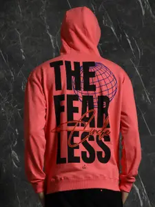 BreakbounceCoral Orange Fearless Typography printed Relaxed Fit  Printed Hooded Pullover