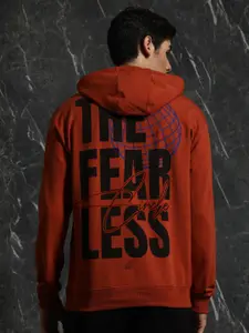Breakbounce Rust Red Fearless Typography Printed Relaxed Fit Hooded Cotton Pullover