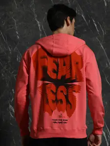 BreakbounceCoral Orange Fearless Typography printed Relaxed Fit  Printed Hooded Pullover