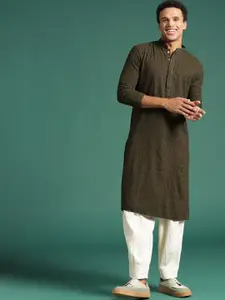 Sangria Olive Green Ethnic Motifs Embroidered Chikankari Cotton Kurta