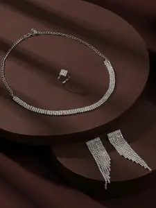 AMI Silver-Plated Austrian Diamond-Studded Jewellery Set With Finger Ring
