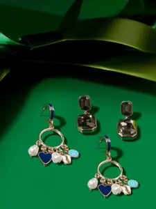 AMI Set Of 2 Gold-Pleated Artificial Stones Contemporary Drop Earring