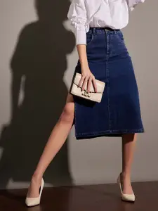 SASSAFRAS Navy Blue Denim Side Slit Pencil Midi Skirt