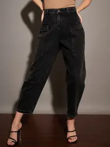 SASSAFRAS Black High-Rise Acid Wash Cropped Clean Look Stretchable Jeans