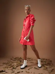 SASSAFRAS Red Shirt Collar Puff Sleeves Shirt Dress