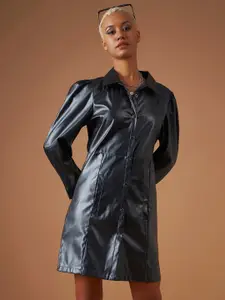 SASSAFRAS Black Shirt Collar Puff Sleeves Shirt Dress