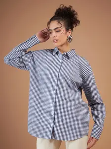 SASSAFRAS Navy Blue Oversized Gingham Checks Pure Cotton Casual Shirt