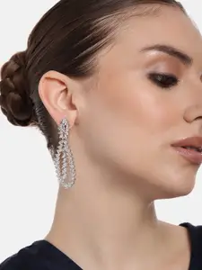Estele Rhodium-Plated Cubic Zirconia Stone-Studded Contemporary Brass Drop Earrings