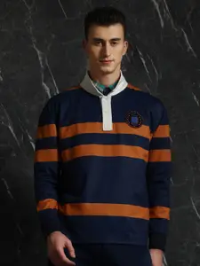 Breakbounce Navy Blue Striped Polo Collar Cotton Oversized T-shirt