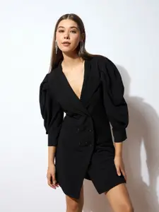 SASSAFRAS Black Self Design V-Neck Puff Sleeves Sheath Dress