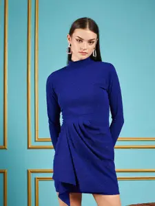 SASSAFRAS Blue Self Design Gathered Detail High Neck Sheath Dress