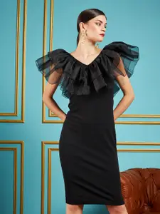 SASSAFRAS Black V-Neck Flutter Sleeve Ruffles Detail Sheath Dress