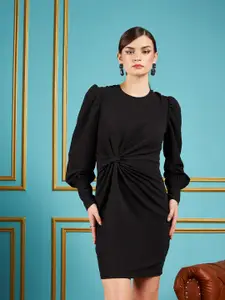 SASSAFRAS Black Self Design Puff Sleeves Gathered Detail Sheath Dress