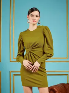 SASSAFRAS Olive Self Design Puff Sleeves Gathered Detail Sheath Dress