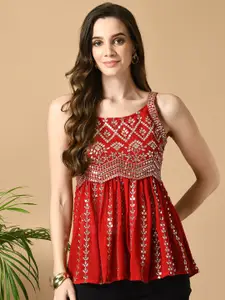 Sangria Ethnic Motifs Embroidered Empire Fusion Top