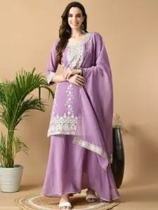 Sangria Purple Ethnic Motifs Embroidered Regular Kurta with Skirt & With Dupatta