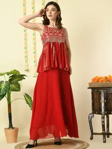 Sangria Red & Gold-toned Embellished Sleeveless Top with Skirt