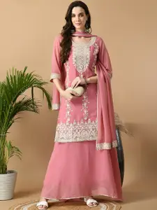 Sangria Pink Ethnic Motifs Embroidered Kurta with Skirt & Dupatta