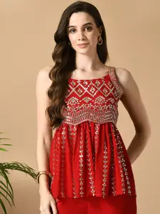 Sangria Red Embroidered Shoulder Straps Ethnic Top With Palazzo