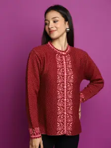 V-Mart Floral Self Design Beaded Cotton Cardigan Sweater