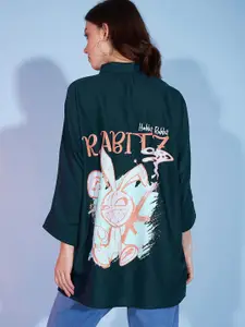 DressBerry Teal Blue Typography Printed Shirt Collar Longline Oversized Casual Shirt