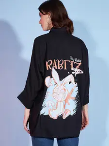 DressBerry Black Typography Printed Shirt Collar Longline Oversized Casual Shirt