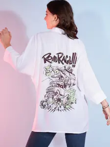 DressBerry White Typography Printed Shirt Collar Longline Oversized Casual Shirt