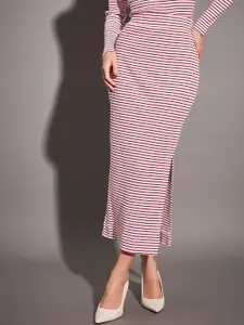 SASSAFRAS Red & White Striped Pencil Midi Skirt