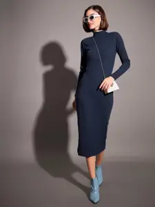 SASSAFRAS Navy Blue High Neck Long Sleeves Bodycon Midi Dress