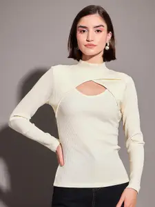 SASSAFRAS Off White Ribbed High Neck Cut Out Regular Top