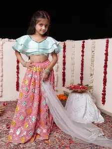 VASTRAMAY Girls Mirror Work Ready to Wear Lehenga & Blouse With Dupatta