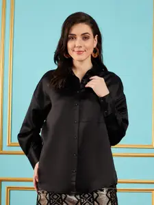 SASSAFRAS Black Oversized Spread Collar Long Sleeves Satin Casual Shirt