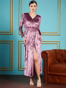 SASSAFRAS Pink V-Neck Velvet A-Line Midi Dress
