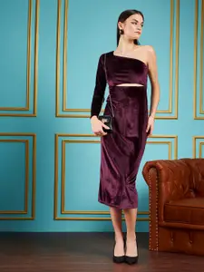 SASSAFRAS Purple One Shoulder Cut-Outs Detail Velvet Sheath Dress