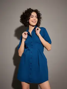 SASSAFRAS Navy Blue Shirt Collar Smocked Detail Pure Cotton Shirt Dress