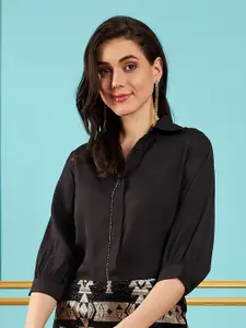 SASSAFRAS Black Puff Sleeves Embroidered Party Shirt