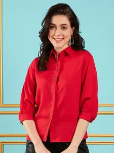 SASSAFRAS Red Puff Sleeves Embroidered Party Shirt
