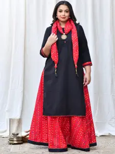 Jaipuriya Fab Private Limited Plus Size Bandhani Printed Cotton Kurta With Skirt & Dupatta