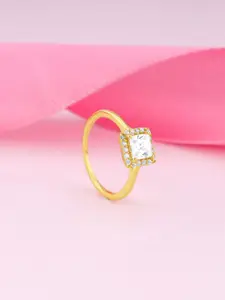 GIVA 925 Sterling Silver Gold-Plated Stone-Studded Square Finger Ring