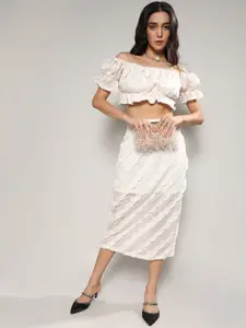 Campus Sutra White Self-Design Crop Top With Midi Skirt