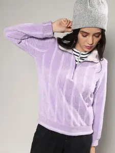 Campus Sutra Purple Striped High Neck Half Zipper Sweatshirt